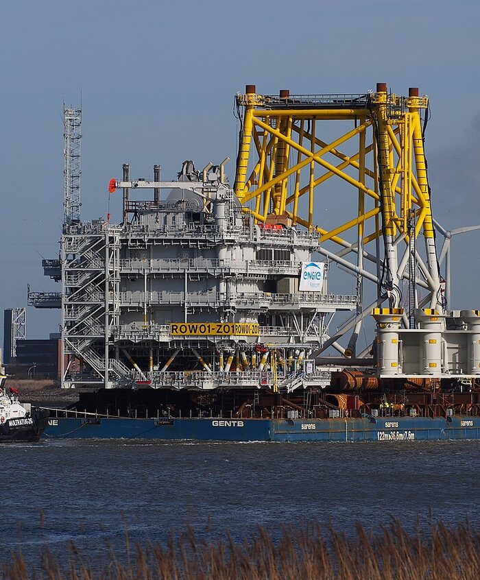 Offshore substation topside on a heavy-lift barge